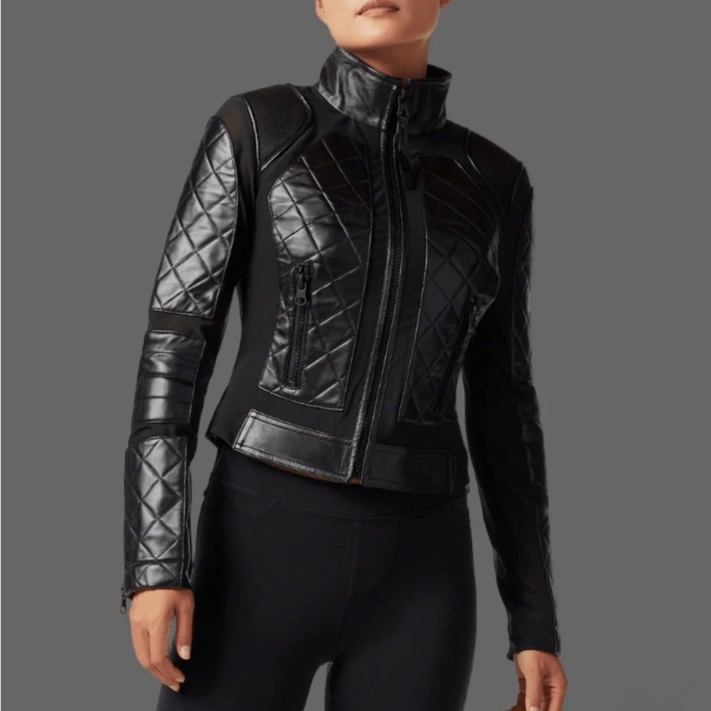 Blanc Noir CLASSIC BLACK QUILTED GENUINE LEATHER MESH MOTO JACKET